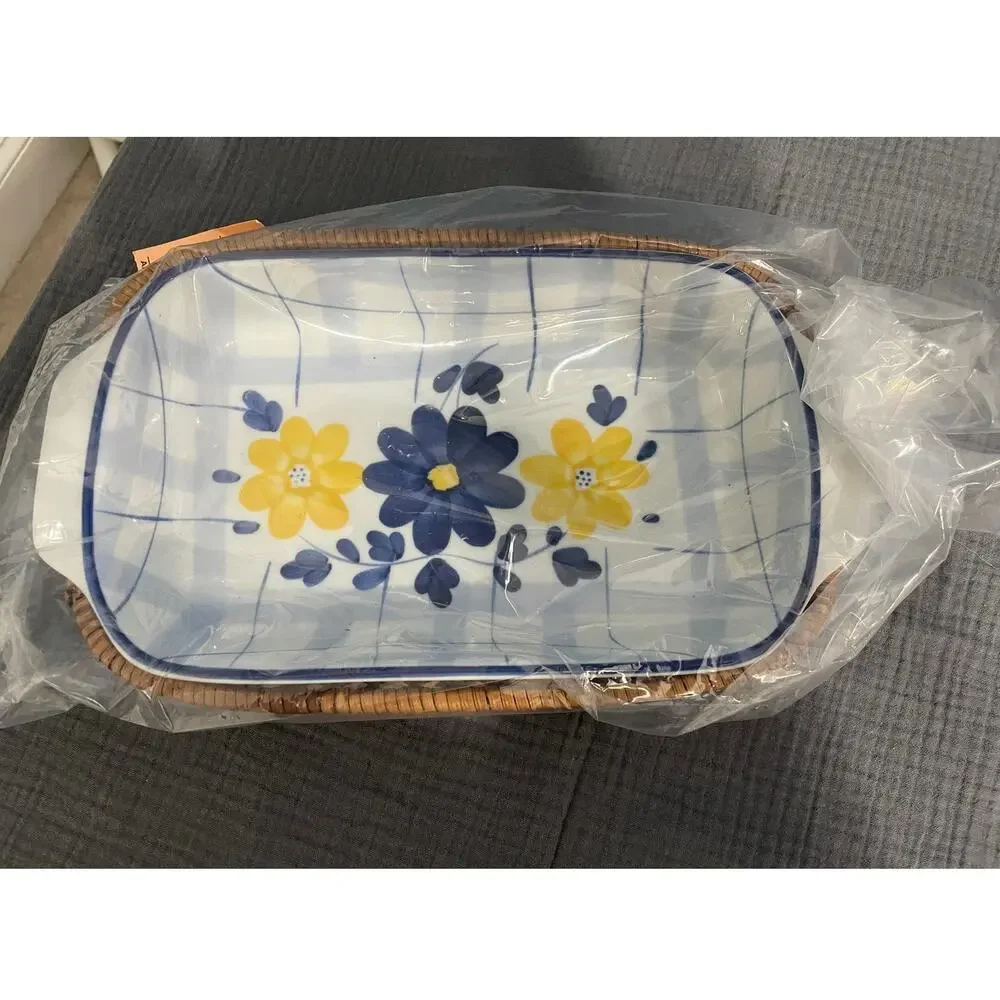 NEW Rectangular Le Jardine Ceramic Ovenware Blue Ceramic Dish w/Tray